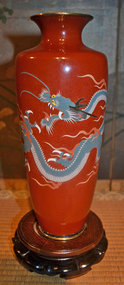 Cloisonne Vase with a Yellow-Eyed Dragon on Maroon