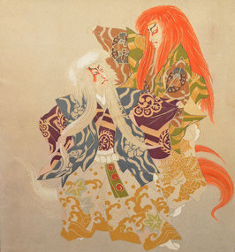 Painted Silk Fukusa Panel of the Kabuki Lion Dance