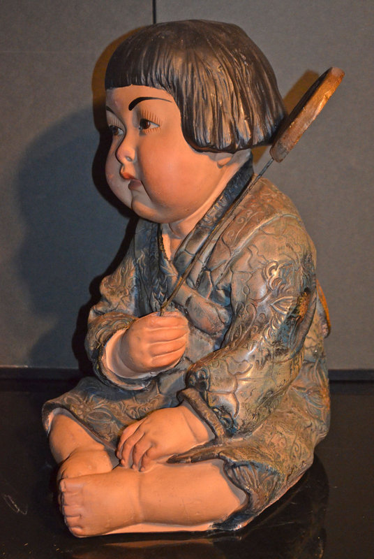 Large Rare Japanese Clay Figure of Young Girl Playing