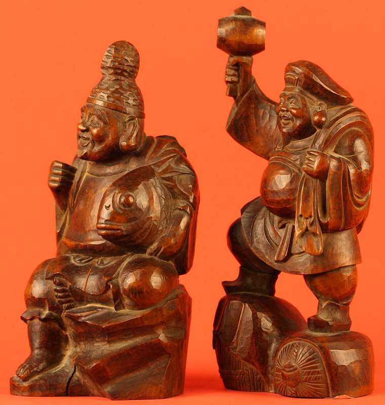 Pair of Japanese Meiji Period Wood Kitchen Gods, Daikoku and Ebisu