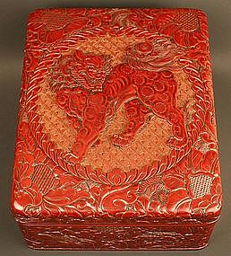 Superb Red Lacquered Box by Kasen, Shishi and Peonies