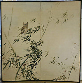Japanese Antique Screen, Owl in Bamboo Forest by Kouro