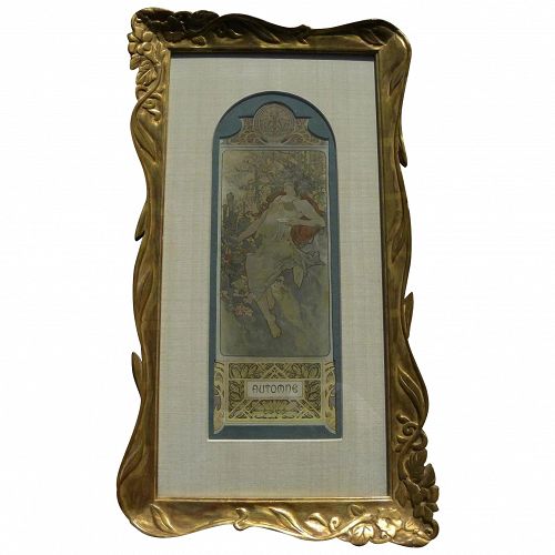 ALPHONSE MUCHA (1860-1939) original vintage print "Automne" 1896 in elaborate gold custom frame