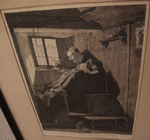 German art highly detailed signed 1879 ink and wash drawing of priest in an interior