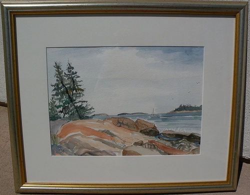 Maine art signed contemporary watercolor painting of Hidden Harbor near Acadia National Park