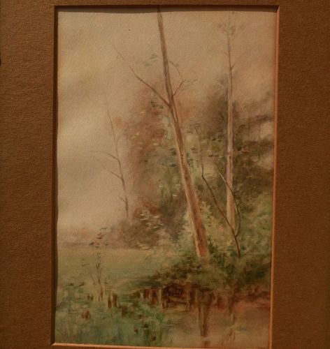 Vintage American art watercolor painting trees by lake or pond
