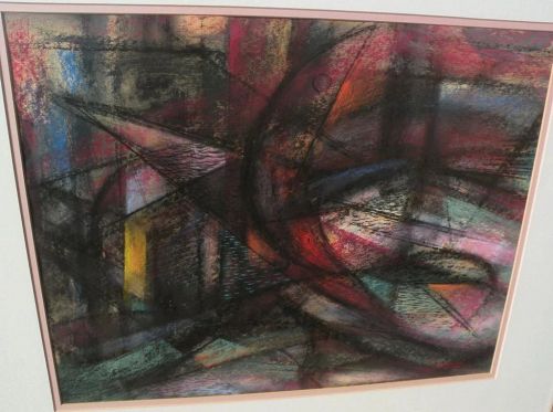 Abstract art colorful contemporary signed pastel drawing