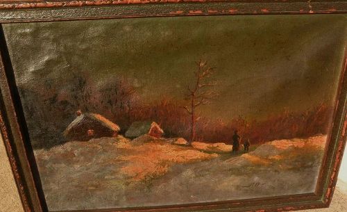 Russian art early 20th century winter night landscape painting with figures signed with initials