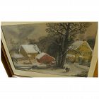 American folk art pastel drawing of New England winter landscape after George Henry Durrie