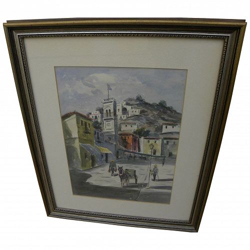 Italian signed vintage watercolor painting of classic Mediterranean village
