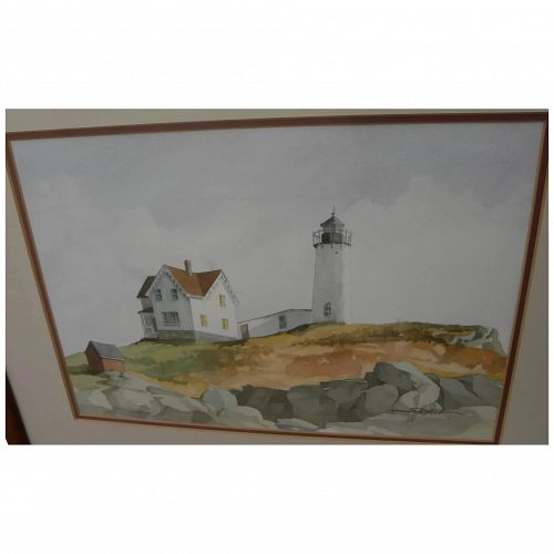 Maine lighthouse watercolor painting by contemporary gallery artist 1986