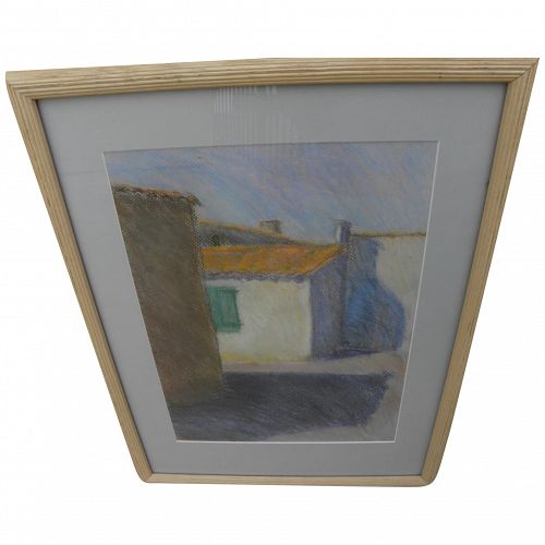 Pastel drawing of alley with red roofed home signed