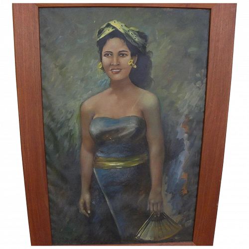 Vintage Filipino or Indonesian painting of young woman with fan