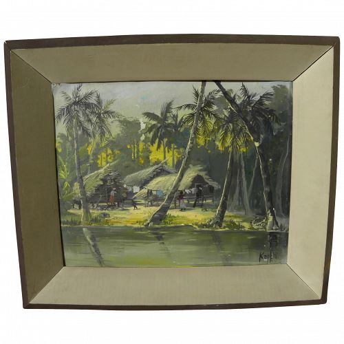 Brazilian art tropical painting of huts under the palms circa 1960's