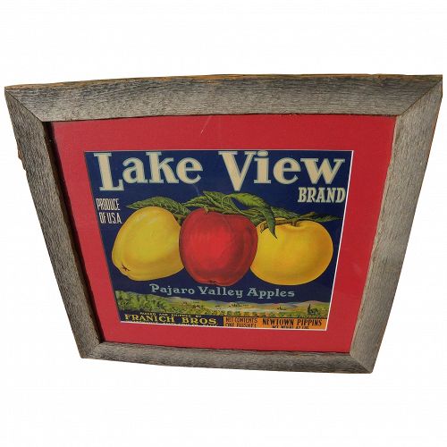 Framed 1920's fruit crate label "Lake View Brand" Pajaro Valley apples