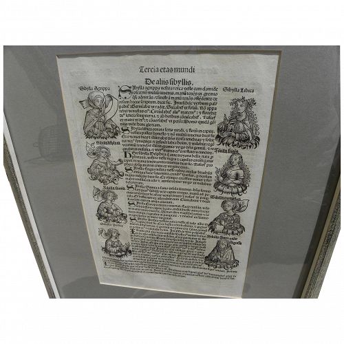 Nuremberg Chronicles original 1493 double-sided leaf including woodcut illustrations from landmark early printed book‏