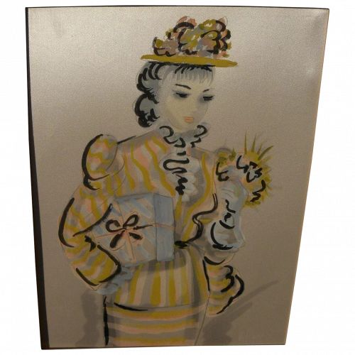 French 1950's painting on silk of fashionable young woman