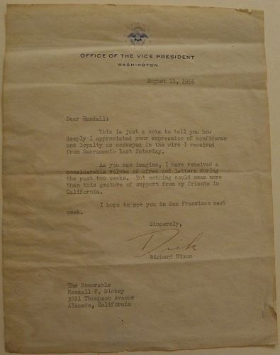 RICHARD NIXON signed letter 1956 as vice-president