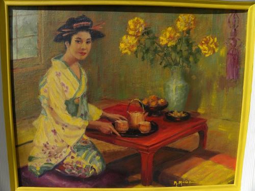 Japanese tea ceremony signed impressionist painting