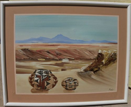 Southwest landscape painting with Native American pottery