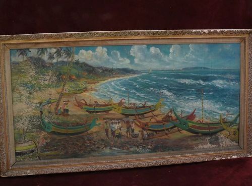 Southeast Asian School large 1967 signed oil scenic poetic coastal painting