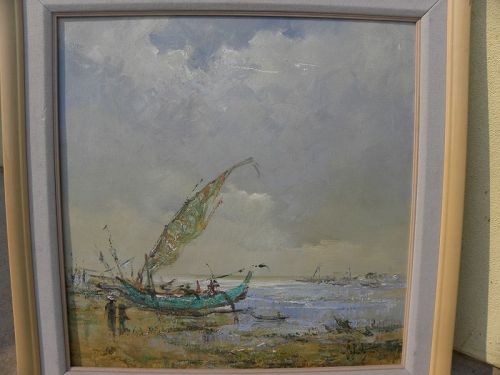 Filipino or Indonesian impressionist painting traditional fishing boat