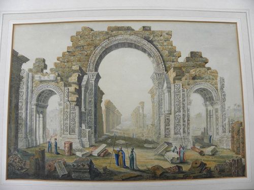 Mid 19th century watercolor painting Palmyra Syria archaeological site