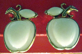 Vintage Trifari Milk Glass Apple Earrings All Marks circa 1940's