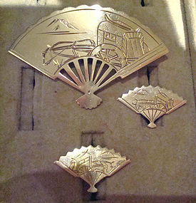 Fine 950 Silver Oriental Fan 3-piece Set Brooch and Earrings Hallmarks