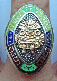 Rare 18K Gold and Sterling Colorful Enamel Ring Mexico