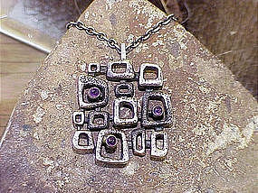 Modernist Silver Amethyst Geometric Pendant and Chain