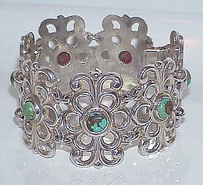 Early Mexico Silver Turquoise Large Bracelet c. 1940