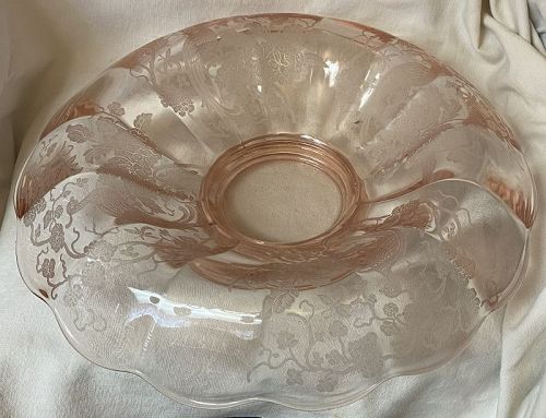 Peacock & Wild Rose Pink Console Bowl 14" Paden City Glass Company