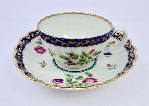 Worcester Dr. Wall Tea Cup & Saucer, Fluted, Floral