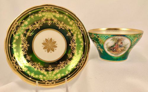 19th C. Dresden Tea Cup & Saucer, Scenic, Jeweled