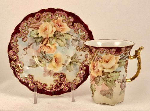 Antique Pouyat Limoges Chocolate Cup & Saucer, Roses