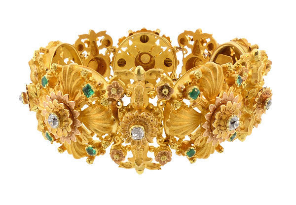 Georgian 20K Multicolored Gold Diamond Emerald Bracelet