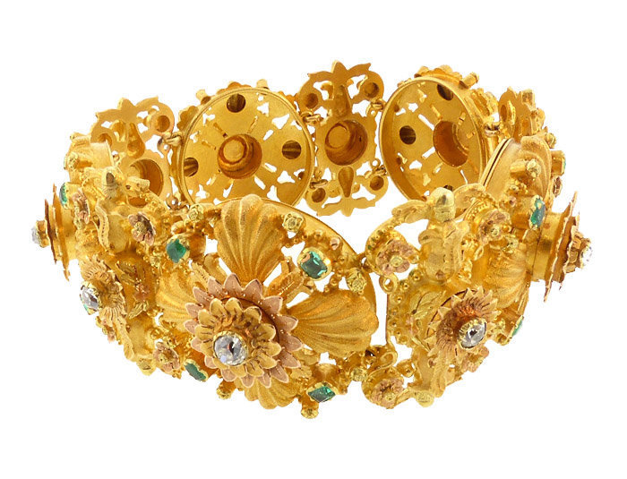 Georgian 20K Multicolored Gold Diamond Emerald Bracelet