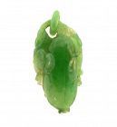 Chinese Carved Type A Green Jadeite Melon & Crane Pendant