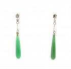 Art Deco 18K White Gold, Green Chalcedony & Pearl Drop Earrings