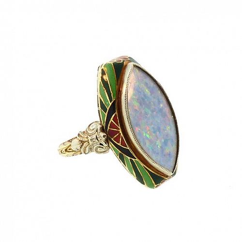 Art Deco Opal Ring in Enameled 14K Gold Setting