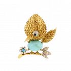 Mid-Century 18K Gold, Diamond, Sapphire & Turquoise Bird Brooch