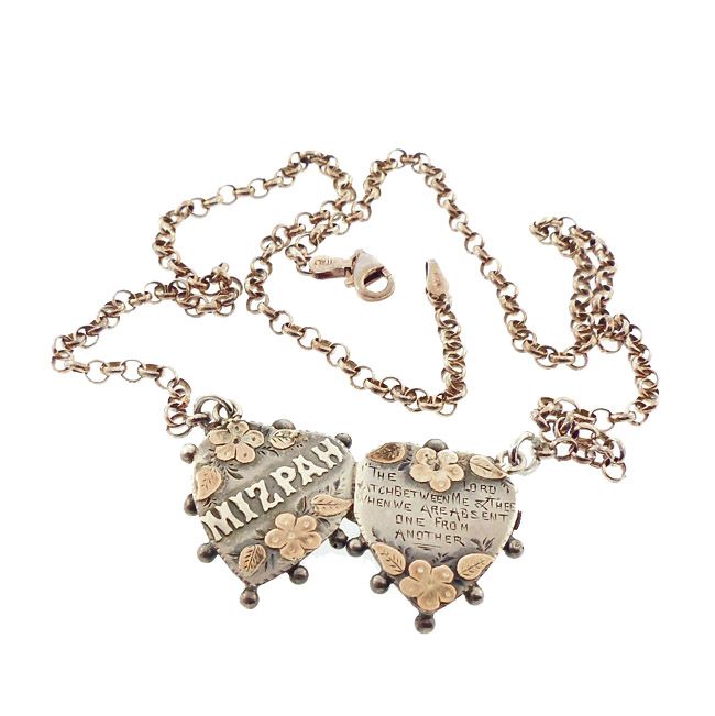 Victorian Silver & Gold Mizpah Heart Pendant Necklace