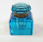 Victorian Engraved Peacock Blue Glass Inkwell