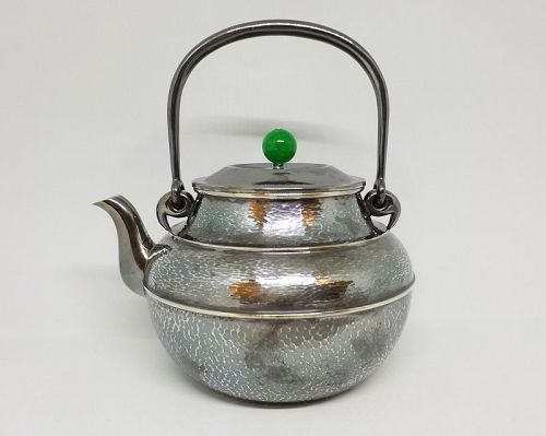 Japanese Silver Teapot w Green Agate Lid Finial