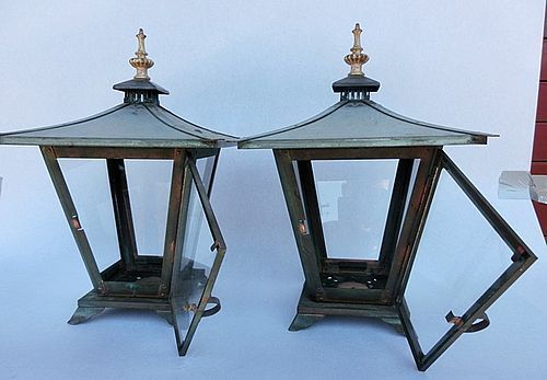 Antique Japanese Bronze/Copper Pair Glass Lamps