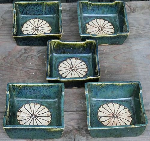 Antique Japanese Set of 5  Oribe Ceramic Dishes C.1920