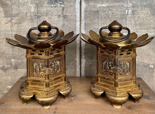 Antique Japanese Pair Shinto Lamps