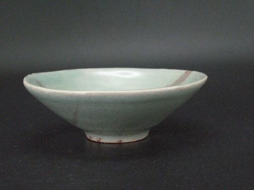 Celadon with copper flat sake cup by great master Sadamisu Sugimto