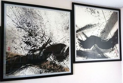 Two Ink Paintings: Black Dragon, Zen Wave by Don Ahn aka Ahn Dong Kuk